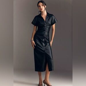 NWT Pilcro Faux Leather Short-Sleeve Ruched Midi Shirt Dress Size XS Button Up